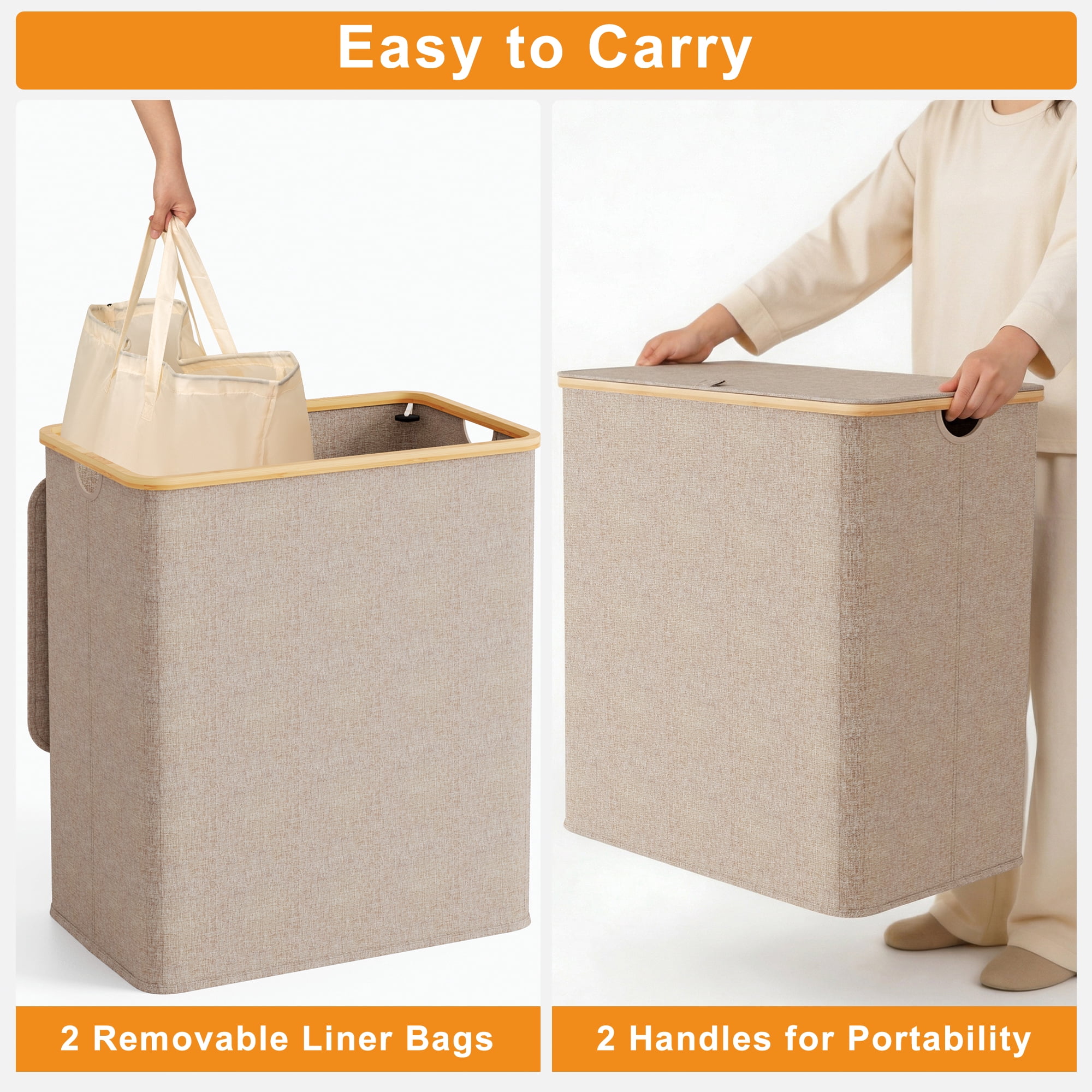 BGTREND 148L Double Laundry Basket with Lid, Clothes Hampers for Laundry with Bamboo Handles and Removable Liner Bags, Collapsible Laundry Sorter Dirty Clothes Hamper (Beige)