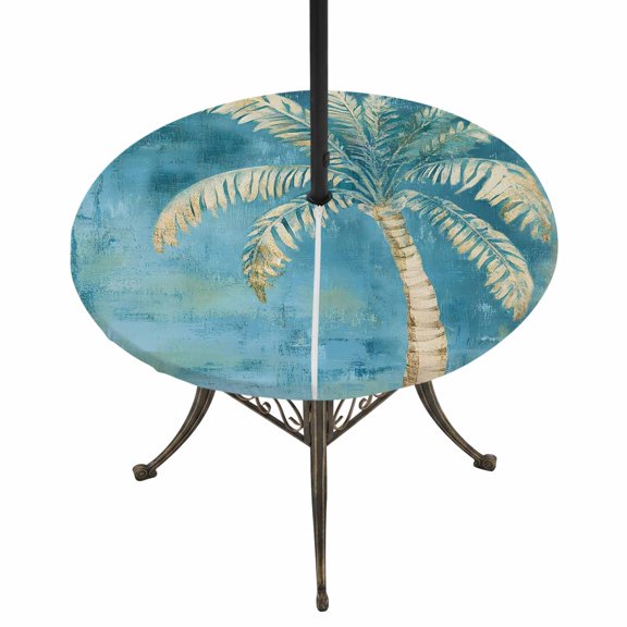 Outdoor Tablecloth with Umbrella Hole and Zipper Turquoise Palm Tree Round Fitted Table Cover with Elastic Waterproof Summer Tropical Beach Patio Tablecloths for Picnic BBQS Garden Party Fit 45"-54"
