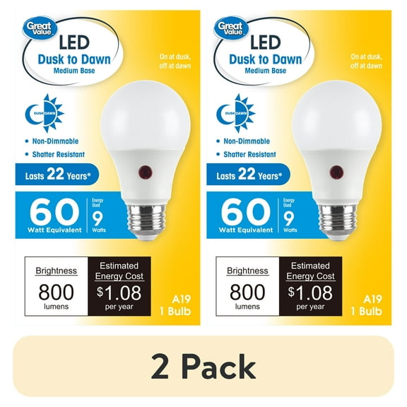 (2 pack) Great Value A19 Dusk to Dawn Auto On/Off LED Light Bulb, 9-Watt (60W Equivalent) E26 Medium Base