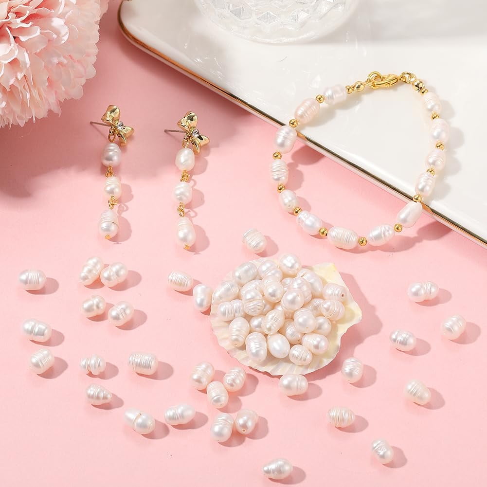 1 Box 100PCS Beige Baroque Natural Rice Shaped Pearls Beads with Holes Irregular Cultured Freshwater Summer Oval Loose Pearl Bead Bulk for DIY handcrafting