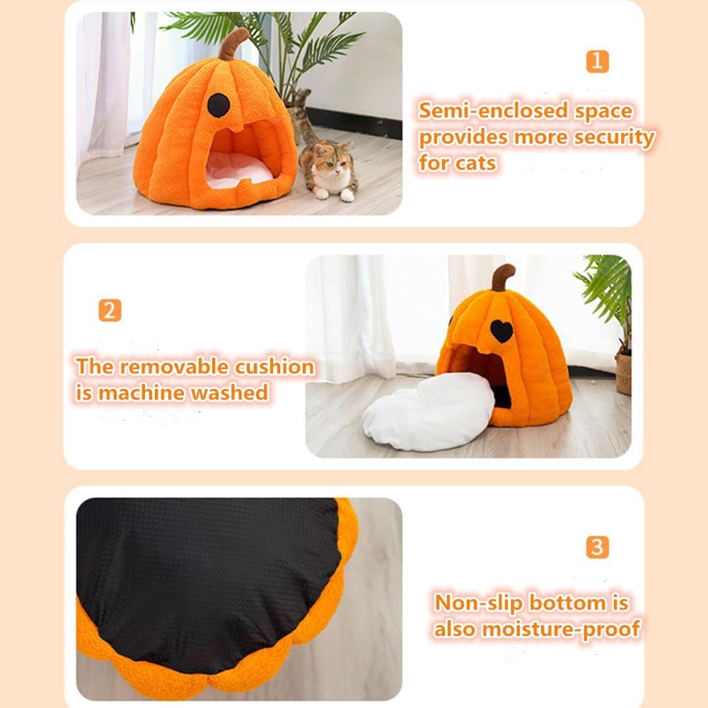 Cute Pumpkin Cat Bed for Indoor Cats Cat House Tent with Removable Washable Cushioned Pillow (20 Inch)