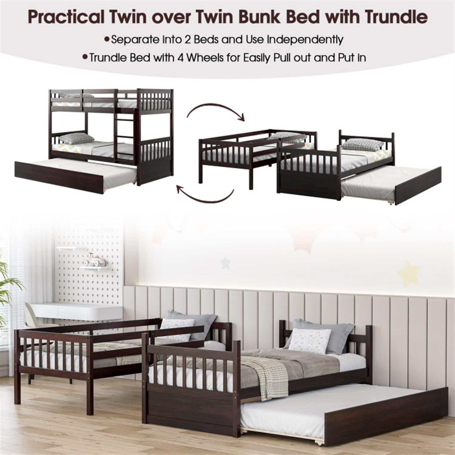Demi Bonn Twin Pull-Out Bunk Beds with Ladder in the Steps and a Trundle, Twin Over Twin Bunk Bed Platform, White