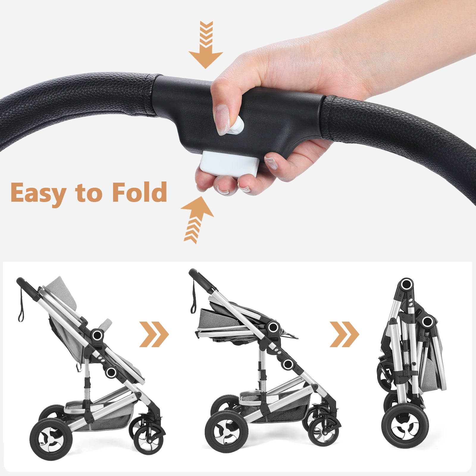 LINLUX 2 in 1 Baby Stroller w/ Diaper Bag & Big Wheel, Infant Pushchair, 23 Pounds, Grey
