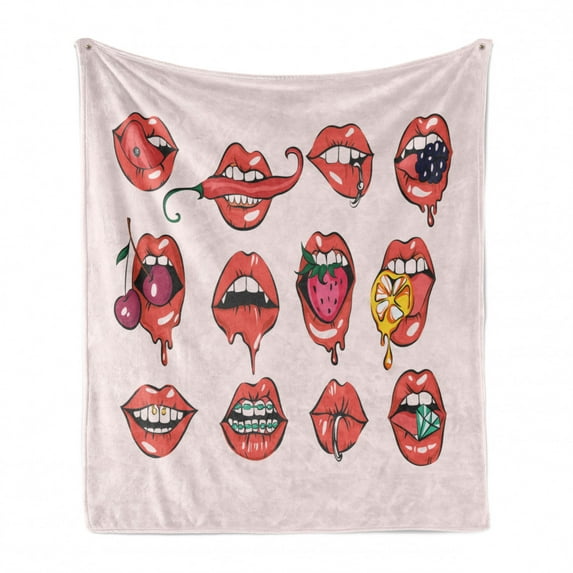 Lips Soft Flannel Fleece Throw Blanket, Closeup Fleshy Lips Biting Strawberry Pierced Tongue Teeth with Braces Juicy Fruits, Cozy Plush for Indoor and Outdoor Use, 60" x 80", Multicolor, by Ambesonne