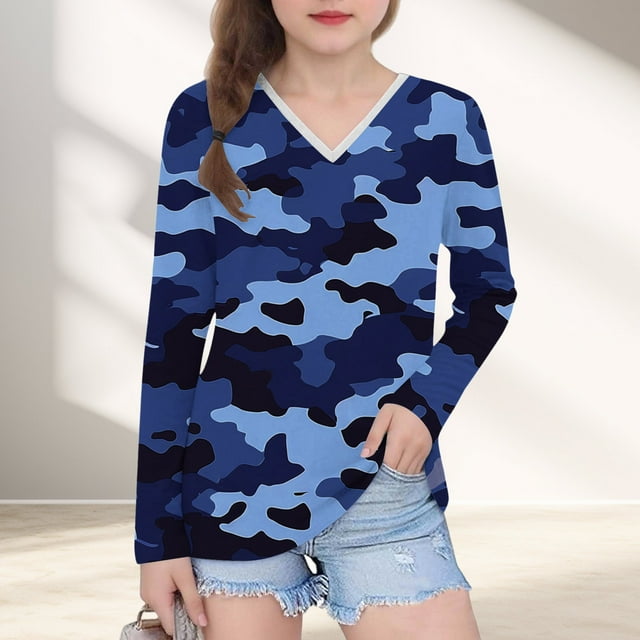 YUNAFFT Chandail à Col en V pour Filles Imprimé Camouflage Manches Longues Style Décontracté