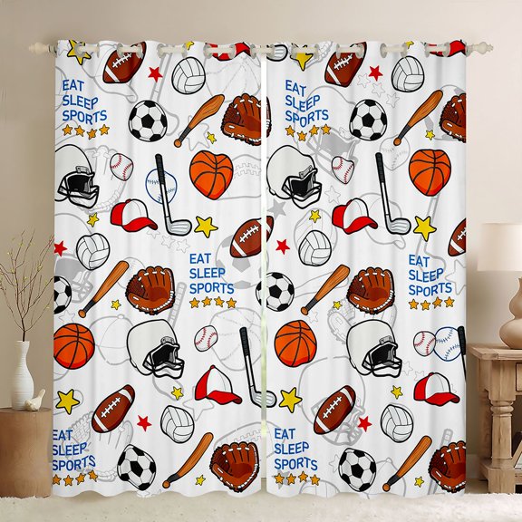 Homewish Eat Sleep Sports Black Out Curtains for Kids Teens Adults,Football Baseball Basketball Soccer Curtains Pack of 2 (42x63 Each),Sport Theme Bedroom Curtains,Lightweight Room Decor