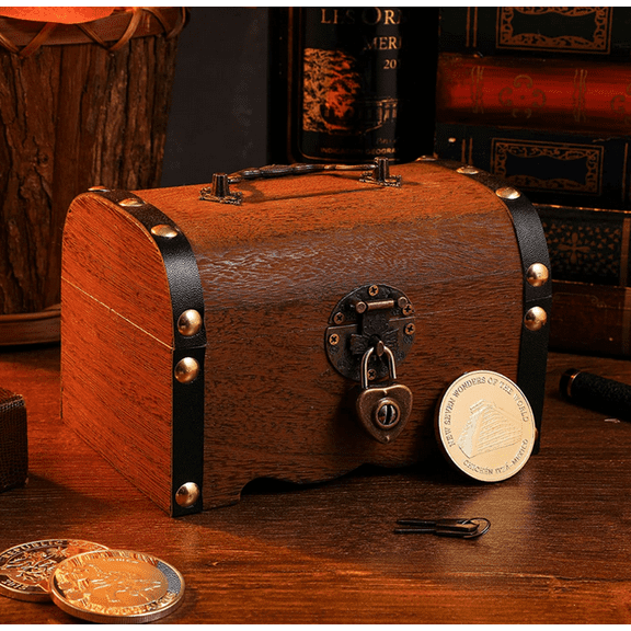 Wooden Vintage Metal Jewelry Box Small Trinket with Lock Jewelry Storage Box for Rings Earrings Piggy Bank Organizer Saving Box for Children Gift
