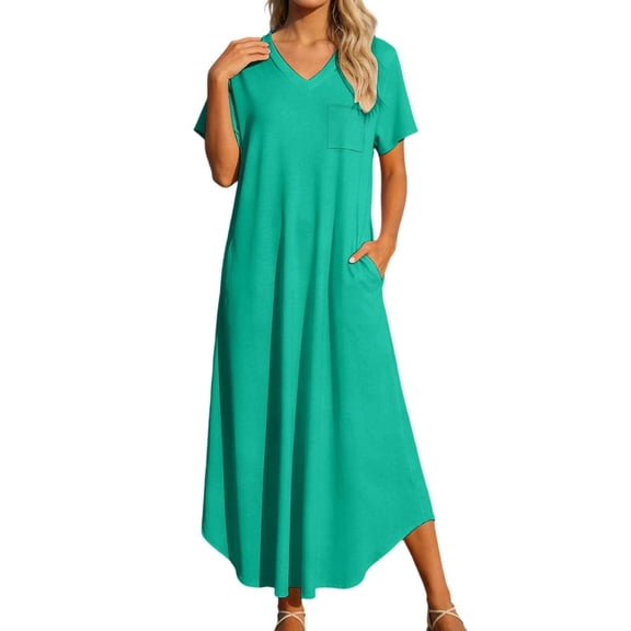 DHFJKG Summer Dresses For Women Long Dress Short Sleeve V Neck Flowy A Line Solid Color Comfortable Curved Hem Tunic Beach Vacation Clothes Versatile Dresses