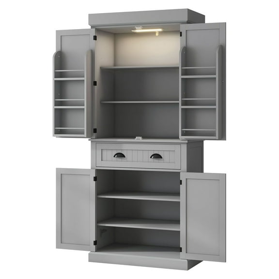 71" Kitchen Pantry Cabinet with LED Lights, 6 Door Shelves, Drawer & Adjustable Shelves - Gray Storage Organizer
