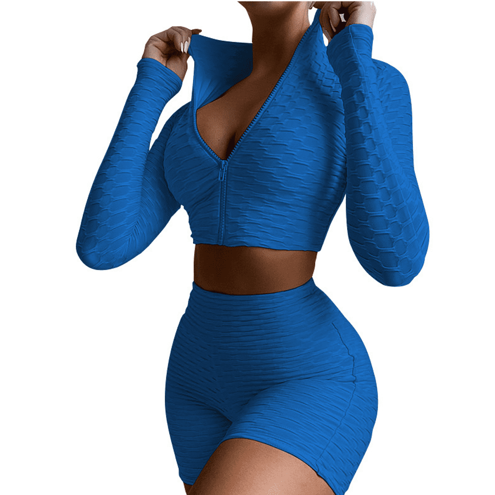 Trend4us Sculpted Zip-Up Crop Top & Shorts Activewear Set