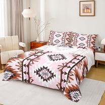 Manfei Bohemian Aztec Queen Sheet Sets for Adult, Pink Brown Tribal Geometric Flat Sheet, Southwestern Queen Fitted Sheet, Luxury Bedroom Decor, 4-Piece