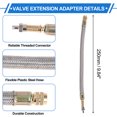 thumbnail image 3 of 1 juego de extensión de válvula de llanta de cobre de 90 grados con adaptador de inflado de válvula de llanta de acero inoxidable flexible de 250 mm para automóvil, motocicleta, RV, camión, bicicleta, 3 of 6