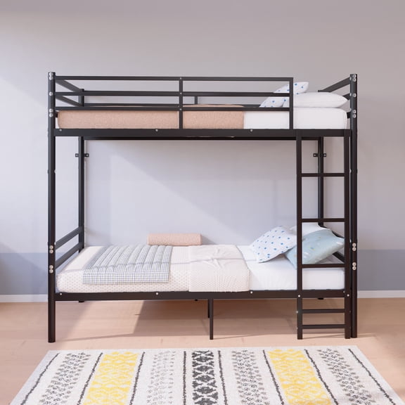 Bunk Bed Twin Over Twin, Converts to 2 Separate Beds with Ladder & Guardrail, Heavy-Duty Metal Frame, Black