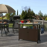 GLDF Outdoor Prep Table Grill Station, Solid Wood Movable Dining Cart Table, Dark Brown