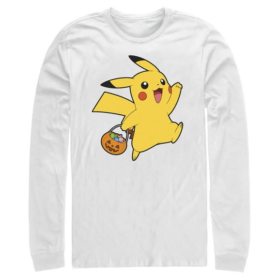 Men's Pokemon Halloween Trick-or-Treating Pikachu Long Sleeve Shirt White X Large