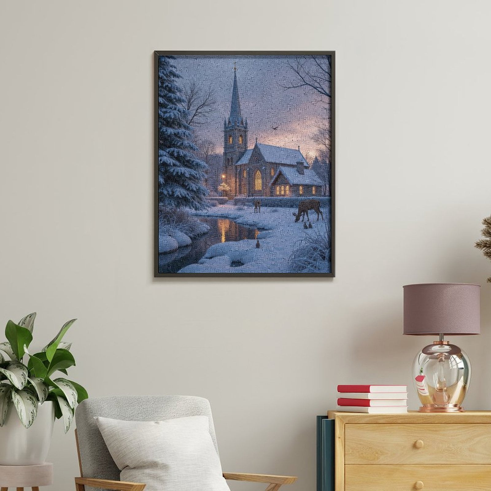 Paint by Numbers Kit for Adults, Winter Church Scene With Deer River Paint by Numbers, Easy Paint by Numbers Kit for Adults Beginner, DIY Adult Paint by Number Kits on Canvas, Home Decor