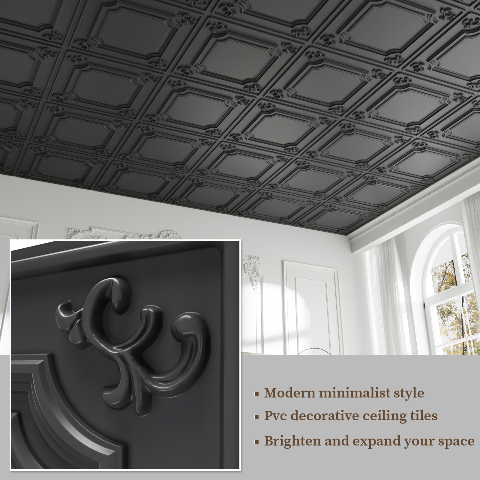 LooYee 24 Pack Black Ceiling Tiles 24x24 Inch, French Style 3D Decorative Ceiling Panels 2x2Ft PVC Waterproof Washable Plastic Material, Cover 96 Sq.Ft