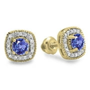 DAZZLING ROCK 0.75 Carat (ctw) 14K Yellow Gold Round Cut Tanzanite & White Diamond Ladies Halo Stud Earrings 3/4 CT