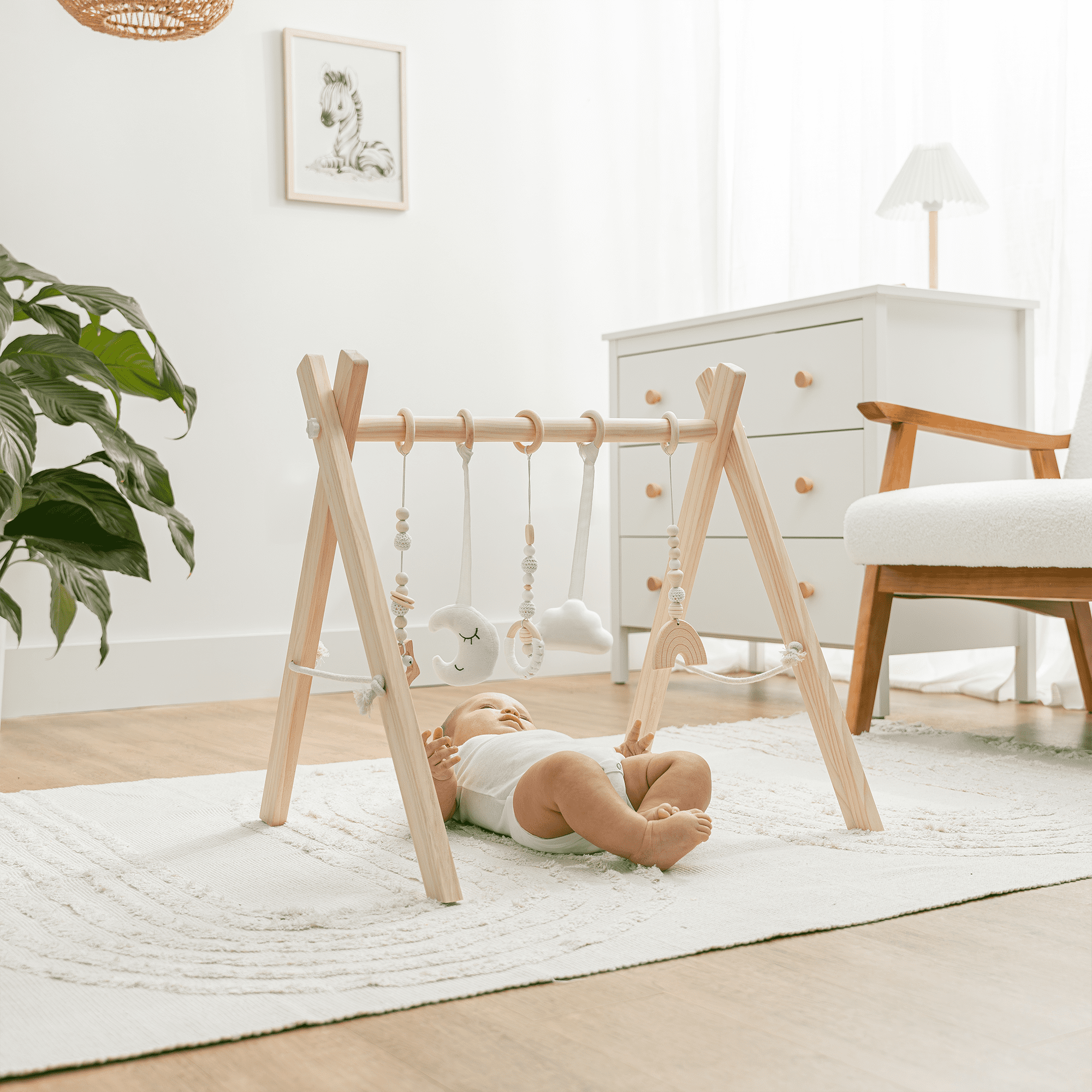 Comfy Cubs Baby Play Gym Set, Wooden Hanging Bar with Gym Toys, Foldable for Infants, Natural Wood
