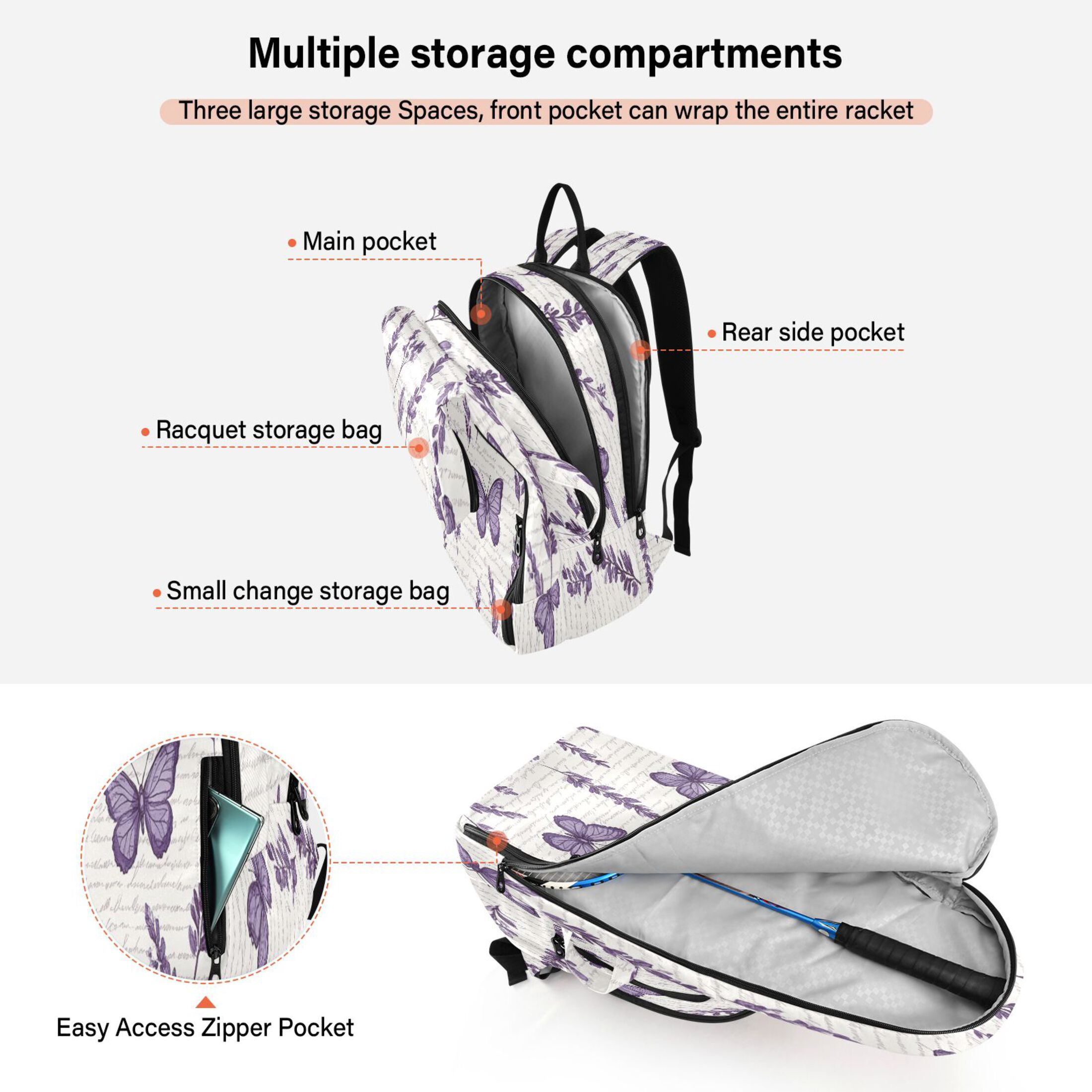 2 Racquet Holder Tennis Backpack Tennis Racket Covers Gym Bags Lavender Flowers and Butterflies