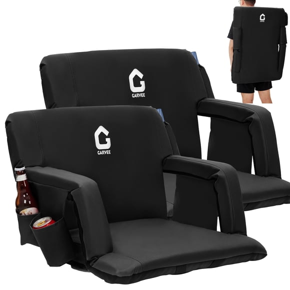 Stadium Seat – Extra Wide Ergonomic with Back Support – 6-Position Adjustable Bleacher Chair – Padded Cushion, Armrests & Cup Holder – Anti-Slip Base – Storage Pockets – Folding – Black