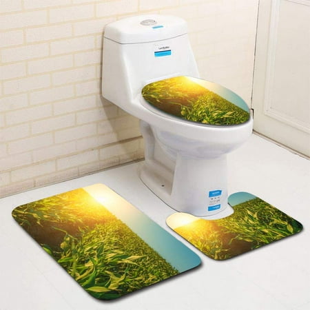 PUDMAD Summer day highs agricultural field which is growing in neat rows high sweet corn 3 Piece Bathroom Rugs Set Bath Rug Contour Mat and Toilet Lid (Best Sweet Corn To Grow)