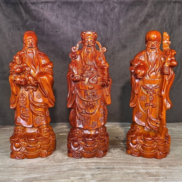 Ebony wood carving of the Three Star Gods of Fortune, Prosperity, and Longevity - a decorative item for the elderly to celebrate their birthdays and attract wealth in the living room.