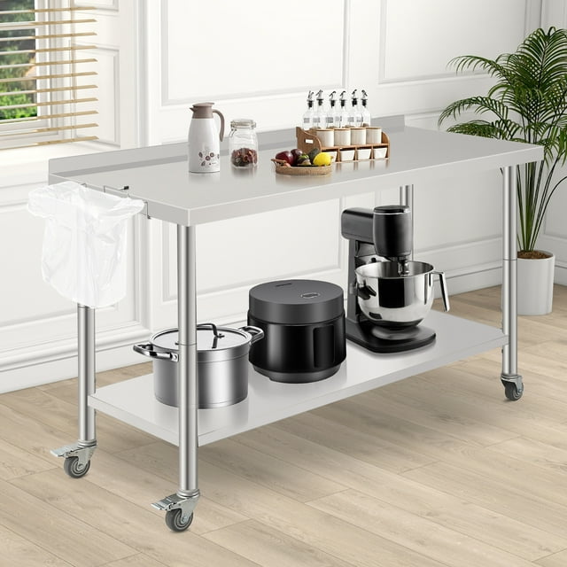 GloryStar Table de Préparation et de Travail en Acier Inoxydable, Table Utilitaire Commerciale Robuste avec Tablette Inférieure Réglable et Crochets à Outils pour Cuisine, Entrepôt, Garage et Jardin