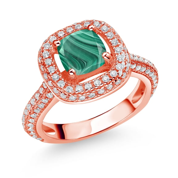Gem Stone King 18K Rose Gold Plated Silver Green Malachite and White Moissanite Engagement Ring for Women (2.13 Cttw, Cushion 6MM, Gemstone, Size 5)
