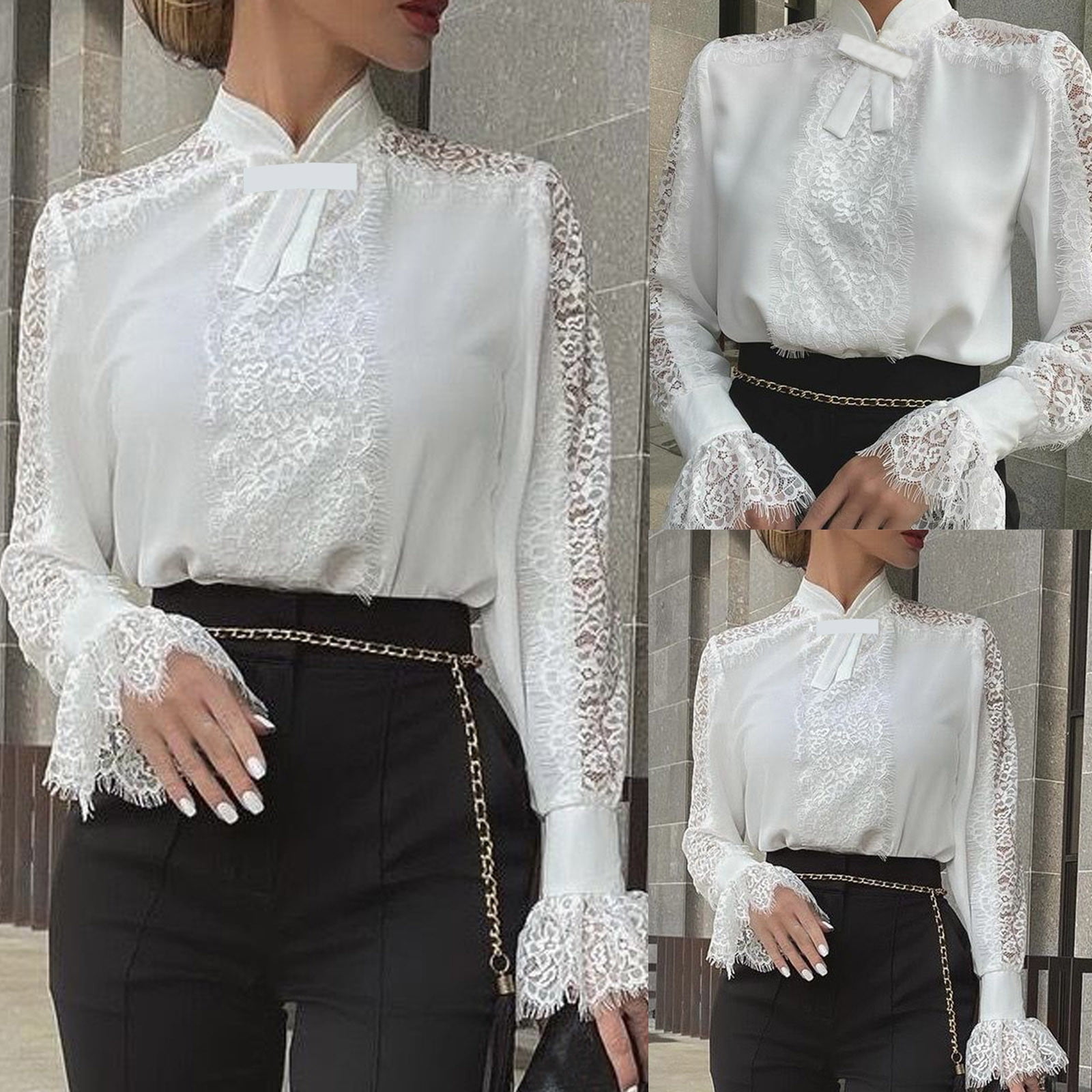 OKBOP Long Sleeve Going Out Tops,Fashion Elegant Sexy Solid Color Long  Sleeve Lace Sheer Shirt White Blouses for Women Dressy Button Up Shirt Women