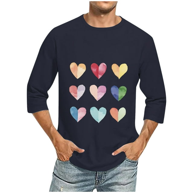 Camisas de Manga Larga para los Hombres Día de San Valentín Impresión Cuello Redondo Moda Casual, Mezcla de Poliéster de Lino de Algodón para Primavera Verano