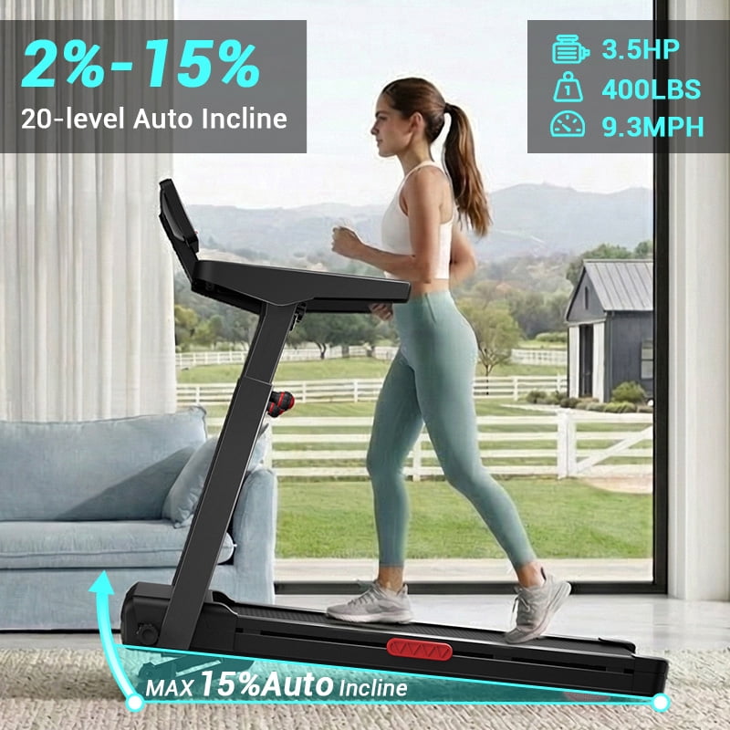 LEZEE 15% Treadmill Auto Incline, Foldable Home Treadmill with 3-Level Adjustable Console and Quiet 3.5 HP Motor, Max. 400lbs