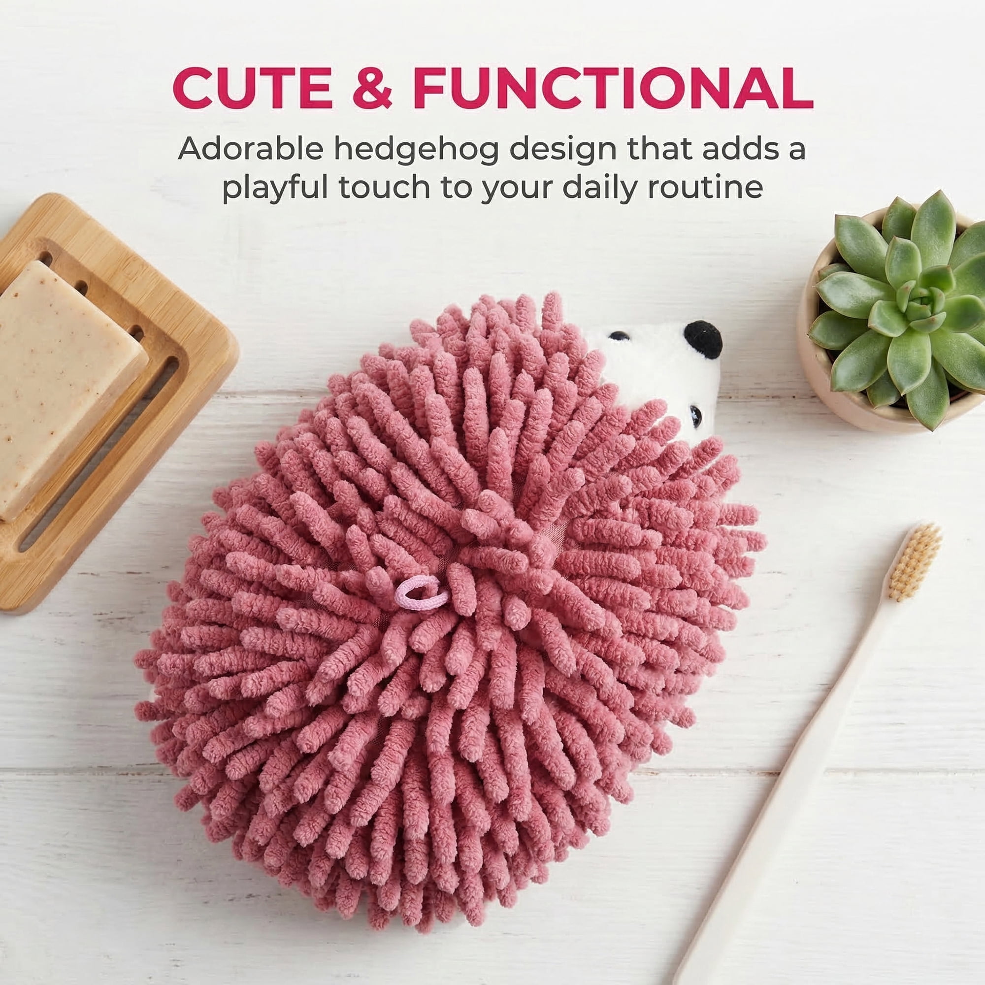 Unique Bargains Cute Animal Chenille Hanging Hand Towel for Kitchen Rose Red 10" x 6"