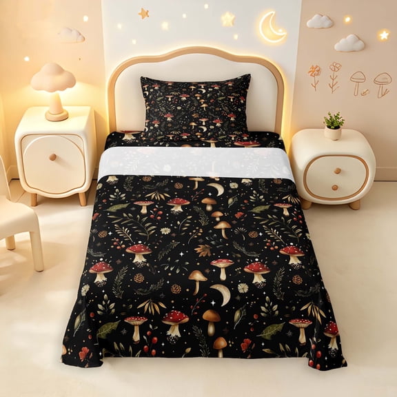 Homewish Watercolor Botanical Mushroom Twin Sheets,Fungus Plant Bedding,Black,3-Piece,1 Flat Sheet,1 Fitted Sheet and 1 Pillowcase