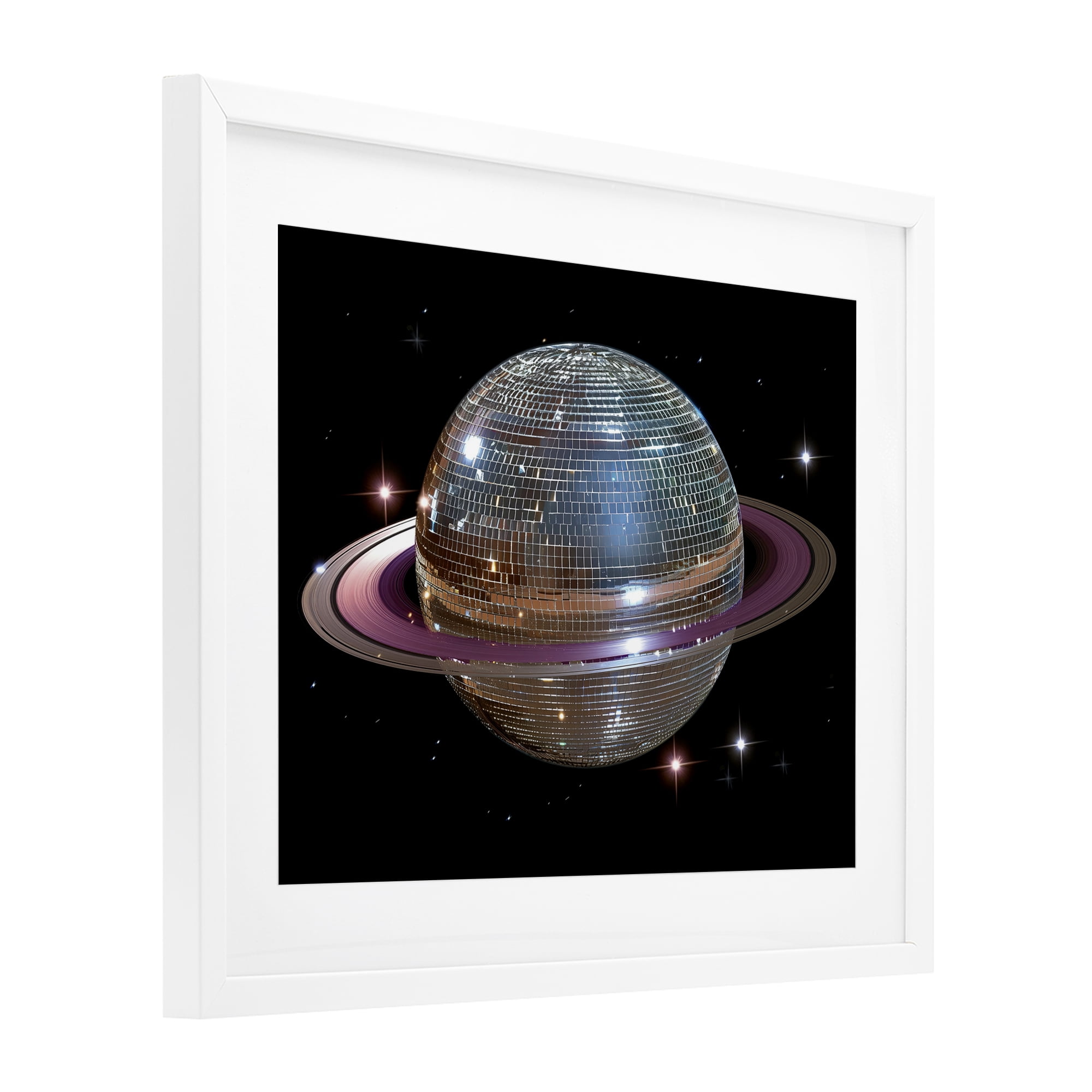 Purple Disco Ball Planet White Framed Print Under Glass, design by Decent Exposures