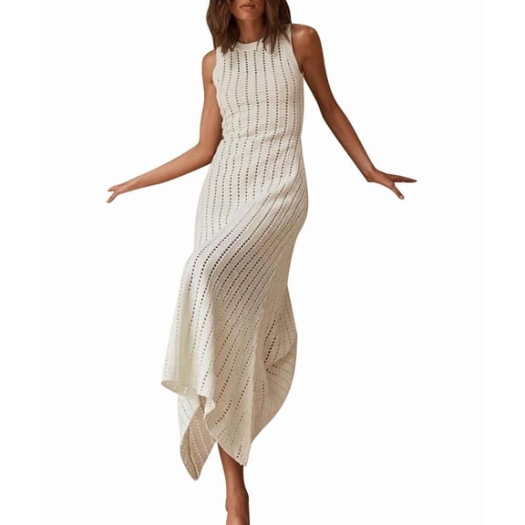 Women'S Knit Maxi Sweater Dress, Solid Color Knit Openwork Round Neck Sleeveless Beach Cover-Up Dress White L