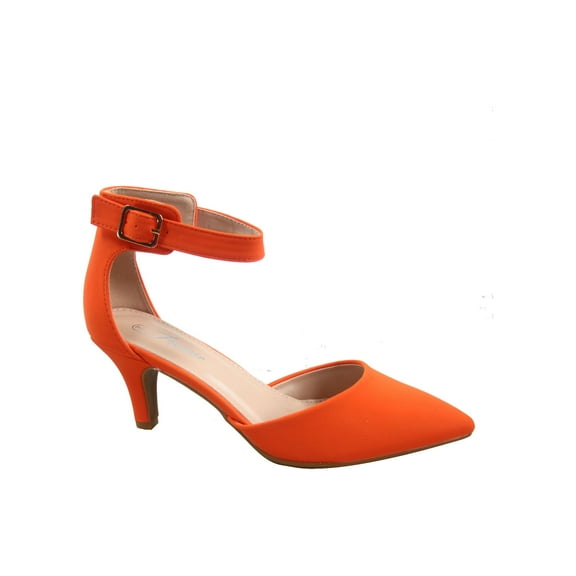 Sunrise-39 Women's Ankle Strap Buckle Pointy Toe Stiletto Low Heel Pumps ( Orange, 5 )