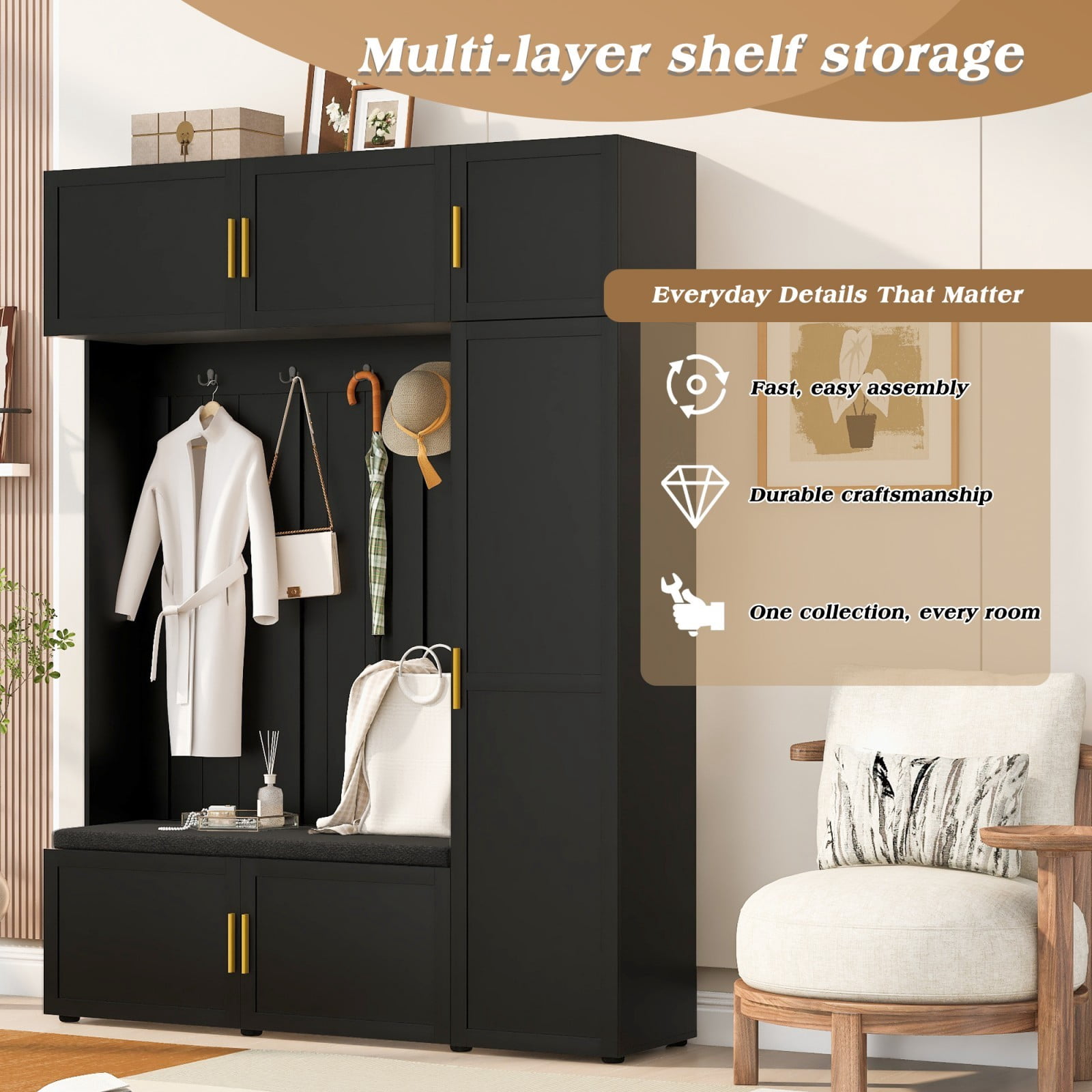 59" W 4-in-1 Entryway Hall Tree with Padded Bench, Coat Rack with 4 Hooks, Shoe Storage Bench & Multi-Tier Shelves, Mudroom Organizer for Hallway Living Room, Antique Black