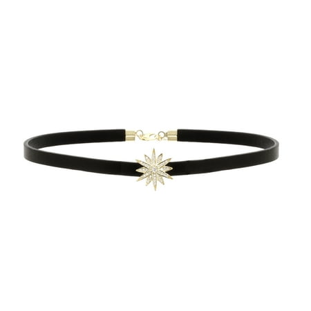 Cubic Zironia Starburst Choker Necklace in Yellow Gold over Sterling Silver and Leather