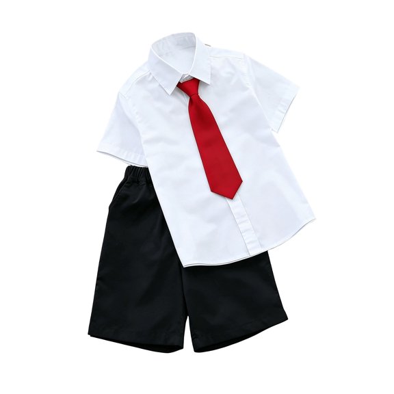 Fesfesfes Fashion Boys 3 Piece Formal Outfit Set,3-14 Years Solid Color Short Sleeve British Gentleman Shirt,Kids Children Tie Shorts Matching Set