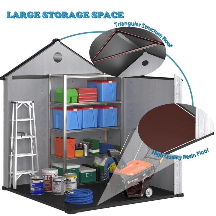 Syngar Plastic Resin Garden Storage Shed, Large Tools Shed, 8' x 8' Outdoor Storage Shed with Lockable Doors for Patio