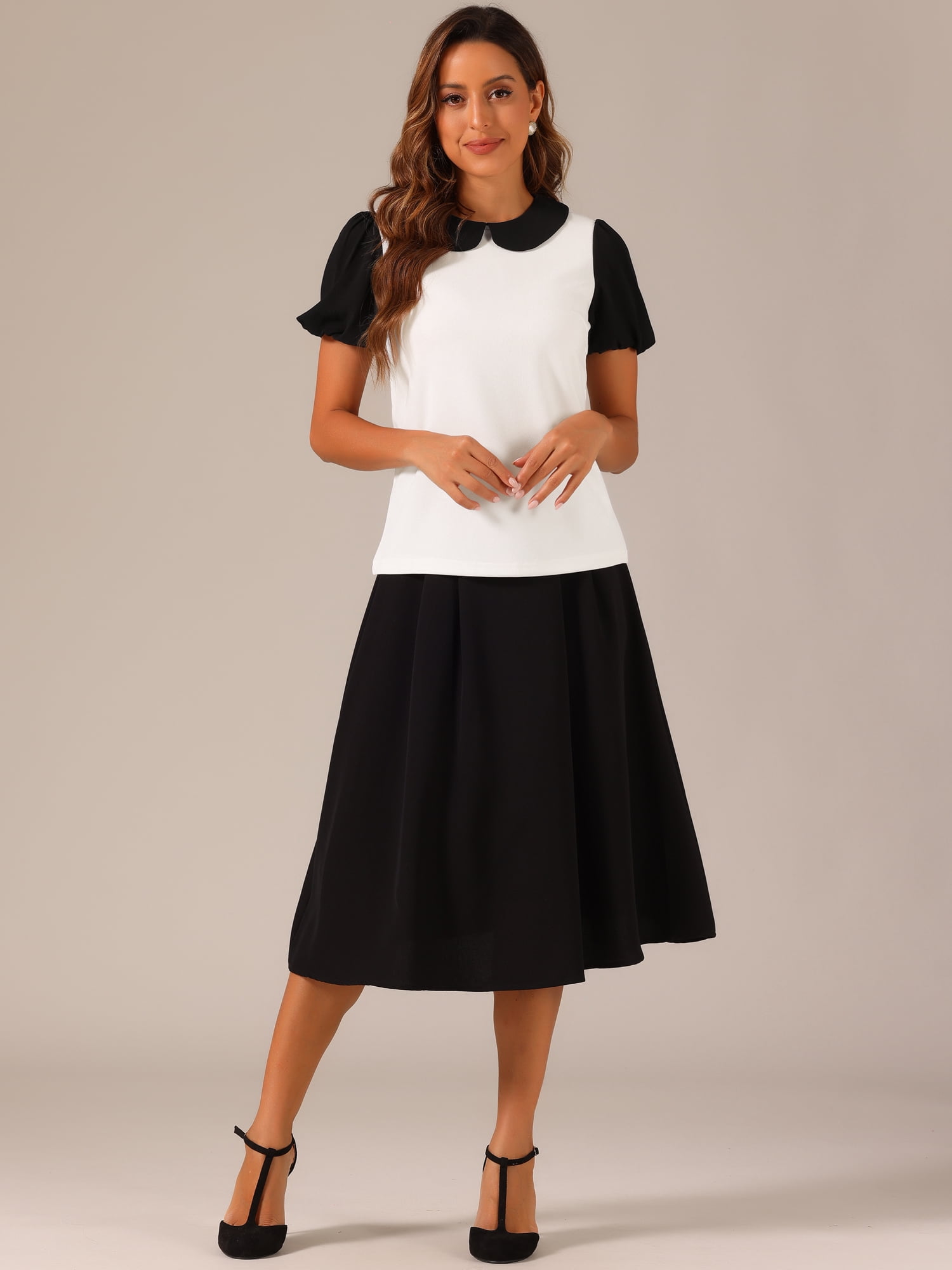 DARING DIVA Women Peter Pan Collar Contrast Puff Short Sleeve Top M White