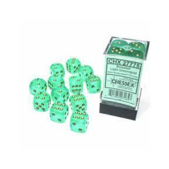 Chessex Borealis 16mm d6 Light Green/Gold Luminary Dice Block (12 dice) (27775)