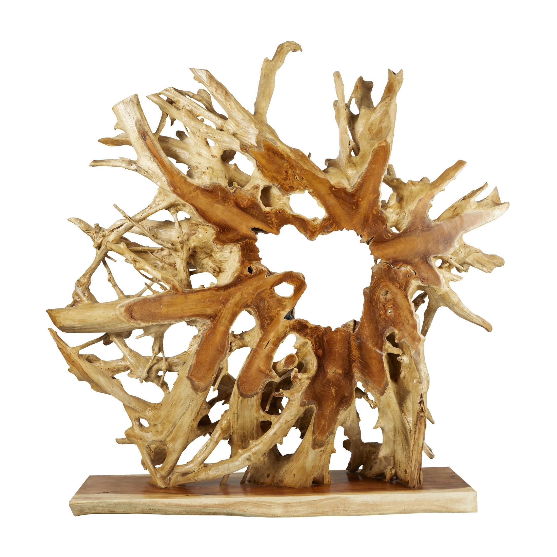 83" x 82" Light Brown Teak Wood Handmade Large Oversized Tree Root Floor Abstract Sculpture, by DecMode