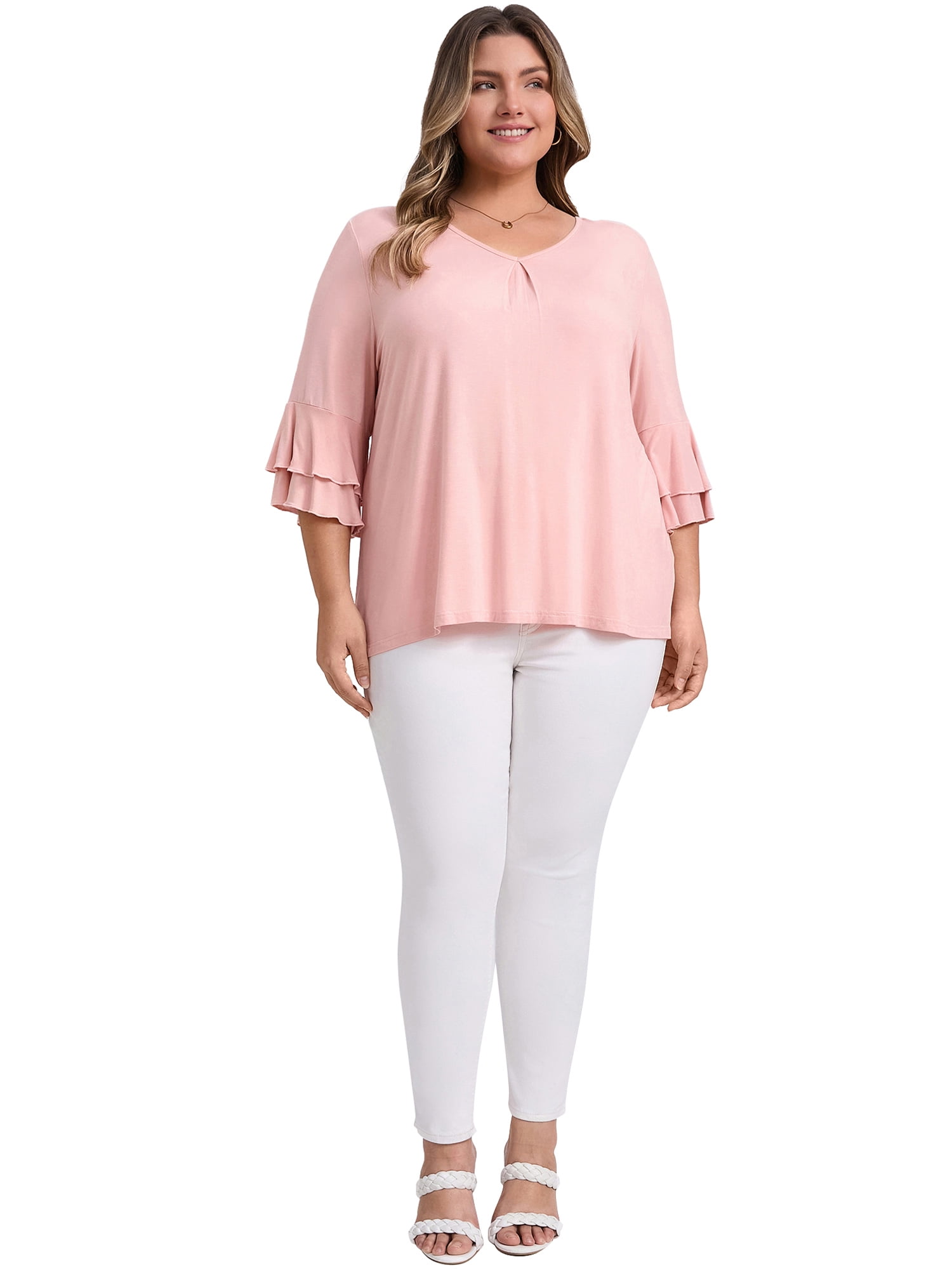 DARING DIVA Women's Plus V Neck Ruffle 3/4 Sleeve Pleated Front Casual Blouse 2X Pink