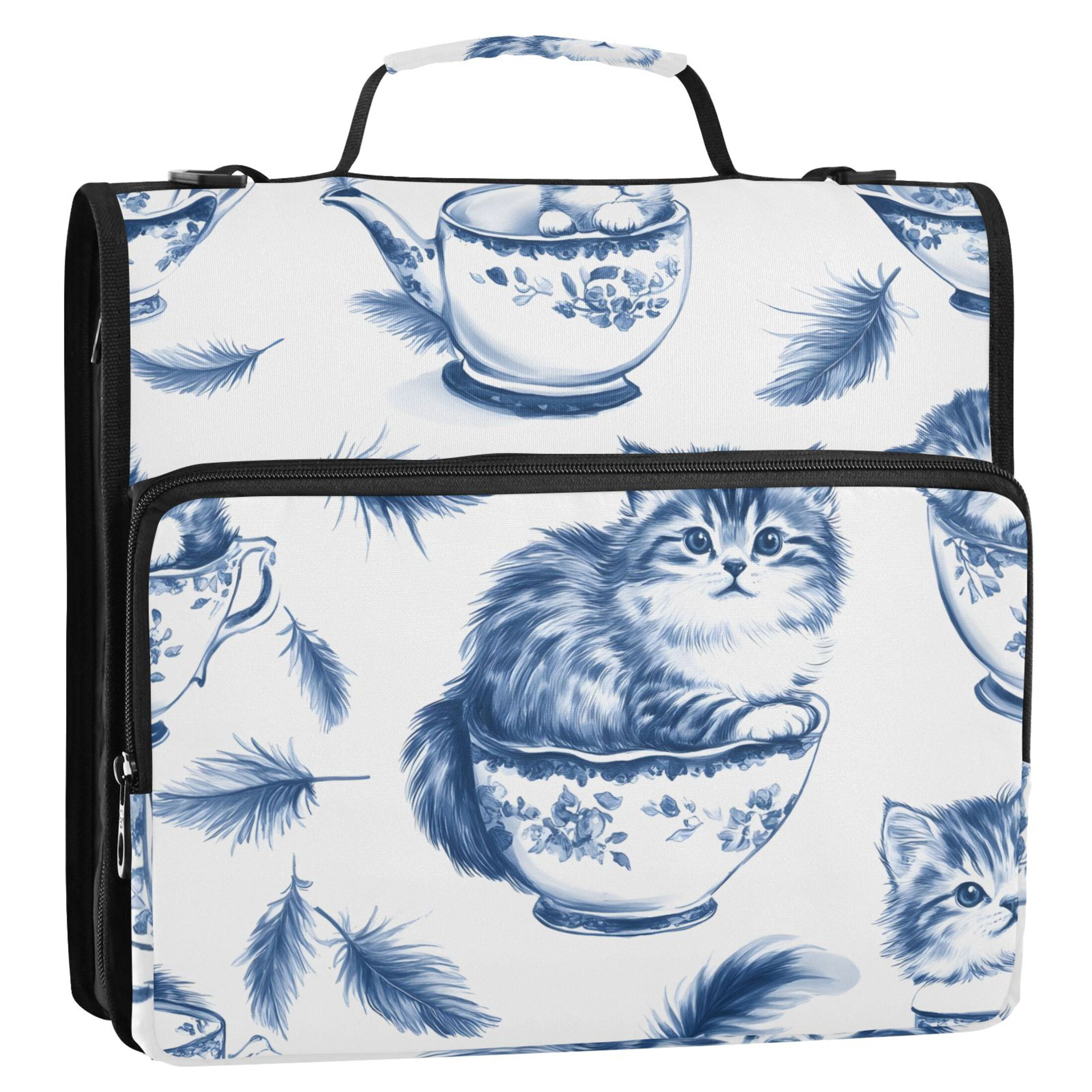 3 Ring Zipper Binder with Shoulder Strap Waterproof Trapper Keeper 2 Inch D-Ring 500 Sheets Capacity Blue Cat in Cup