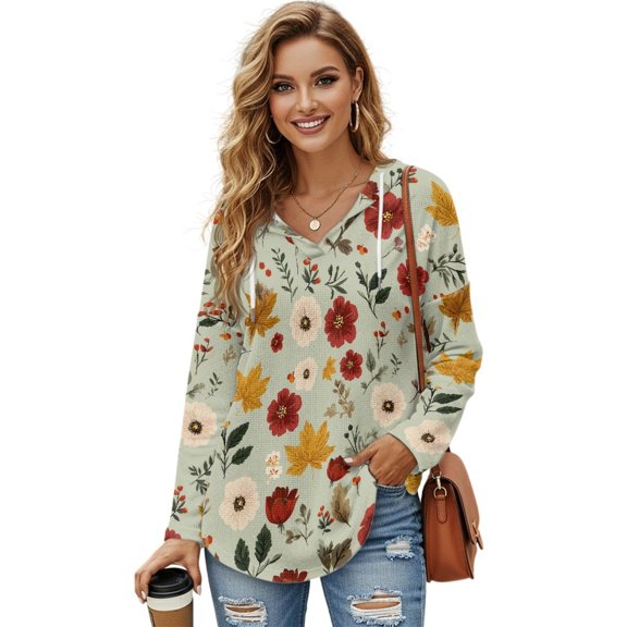 DISNIMO Floral Printed Hoodies for Women Waffle Sweatshirts Long Sleeve Shirts V Neck Hoodies Fall Winter Outfits, S