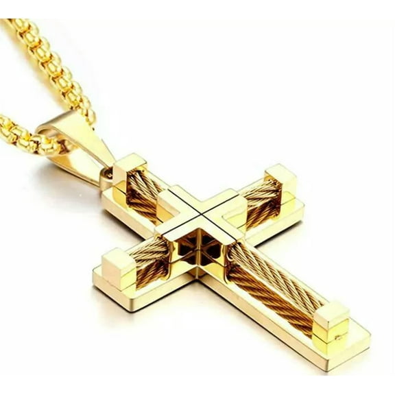 HOOUN Men's Cross Necklace 316L Stainless Steel Large Jesus Christ Pendant Gold Chain