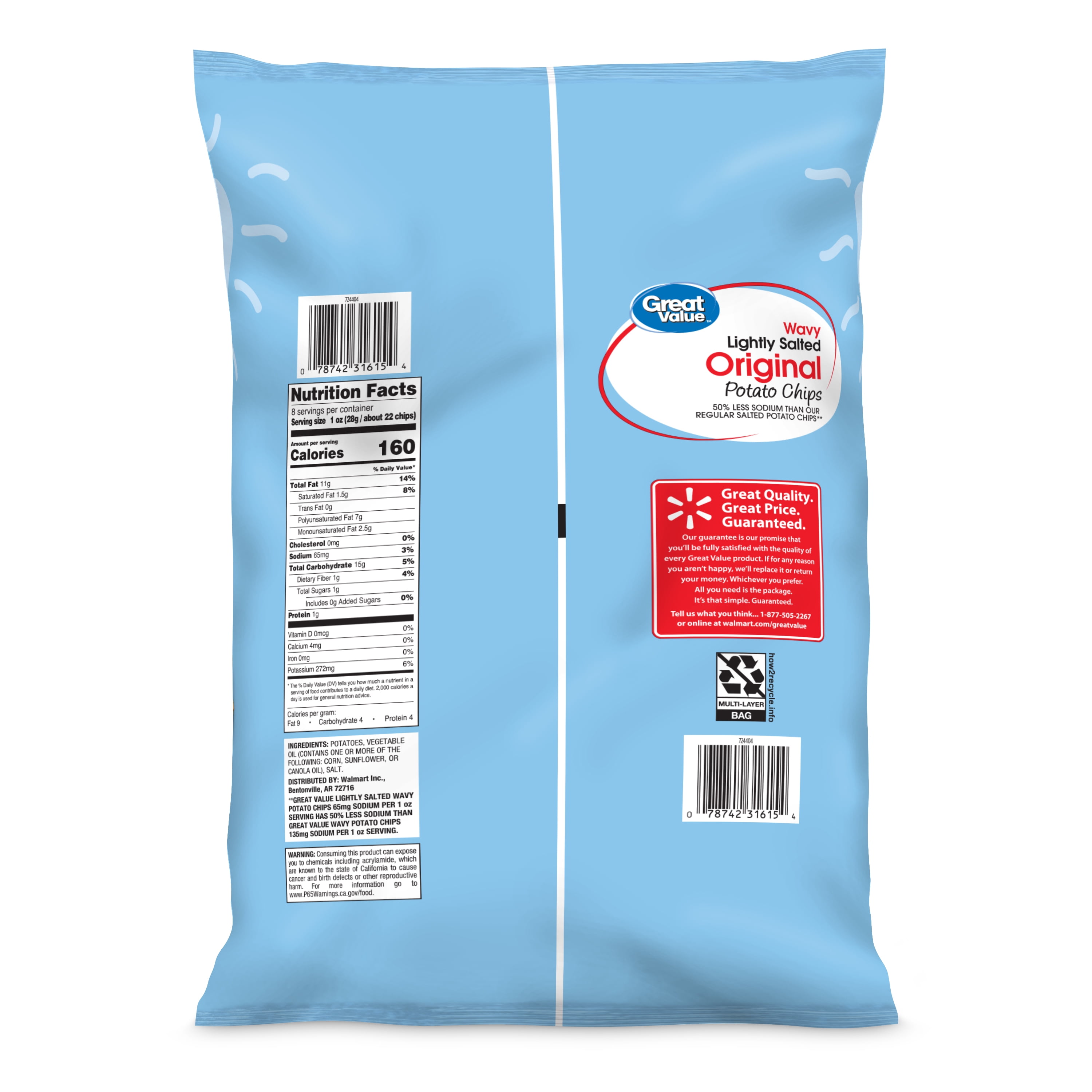 Great Value Lightly Salted Original Flavor Wavy Potato Chips, 8 oz