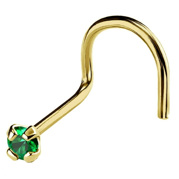 22G Solid 14Kt Gold Nose Screw Stud with Prong Set real Emerald Gemstone, 14kt Yellow Gold or 14kt White Gold - May Birthstone Nose Ring-NSYG_ED-1.5MM